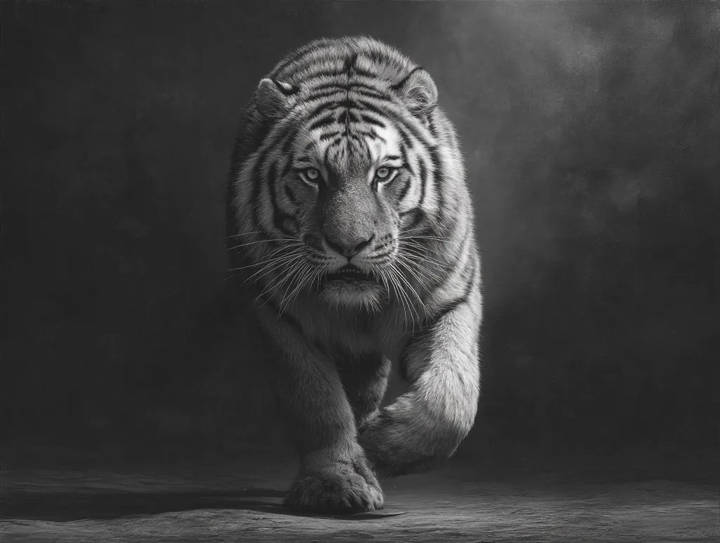 A majestic Siberian tiger strides forward, its gaze intense and unwavering.  The monochrome palette accentuates the animal's powerful musculature and striking features.  The dark background enhances the tiger's presence, creating a dramatic and awe-inspiring image.  Its fur is meticulously detailed, showcasing the beauty and strength of this apex predator.