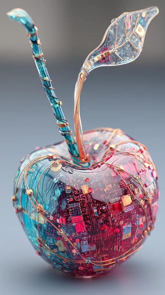 A meticulously crafted artwork depicts a cherry, its stem and leaf intricately designed with copper wiring and embedded circuit boards.  The cherry itself is a translucent sphere, showcasing the internal circuitry in vibrant red and teal hues.  The piece blends organic and technological elements, creating a striking visual of bio-digital artistry.  The overall effect is both delicate and futuristic.