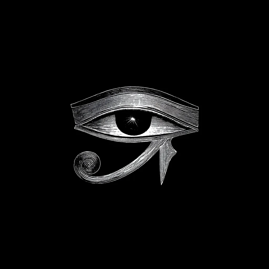 A detailed, high-contrast image showcases a stylized Eye of Horus, rendered in stark black and white.  The intricate lines and hatching create a sense of depth and texture within the eye itself and its accompanying hieroglyphic elements. The overall effect is one of ancient symbolism and mystical power, set against a solid black background.
