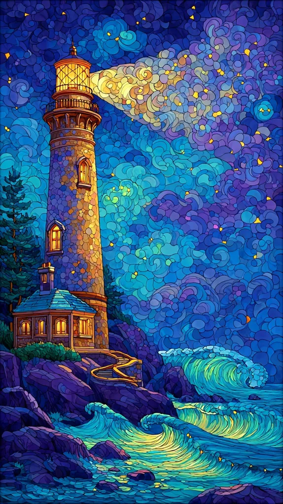 A vibrant, stylized illustration depicts a lighthouse perched on rocky cliffs, its beam cutting through a swirling, star-filled night sky.  The ocean below churns with luminous teal waves, crashing against the rocks. The artwork's style resembles stained glass, with small, colorful shapes creating a textured, almost mosaic-like effect.  The scene evokes a sense of both serenity and dramatic power.