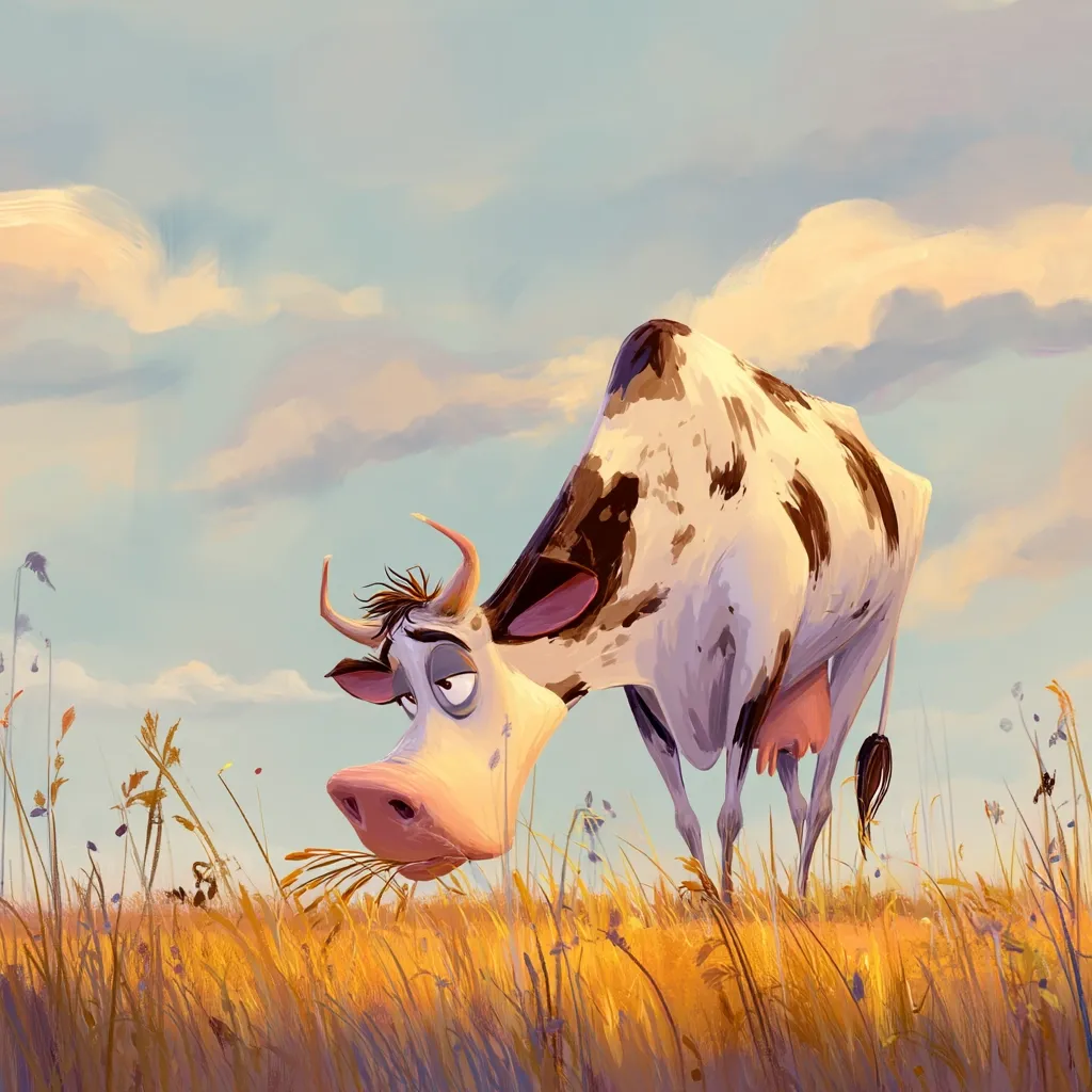 A whimsical illustration depicts a cartoon cow grazing in a field of tall, golden grass under a serene, pastel sky. The cow, with its exaggerated features and slightly melancholic expression, is predominantly white with dark brown patches. The style is painterly and expressive, conveying a sense of gentle rural charm.  The overall mood is peaceful and slightly humorous.