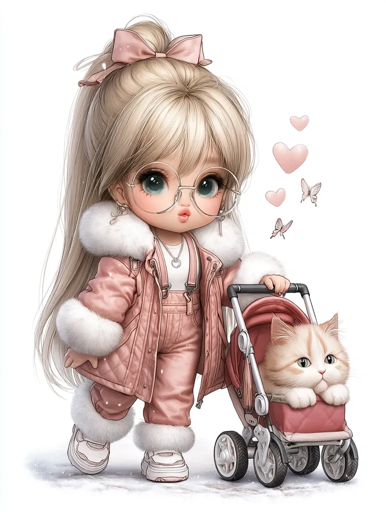 An adorable digital illustration depicts a cute girl with blonde hair in pigtails and large glasses, wearing a pink snowsuit.  She pushes a pink stroller containing a fluffy, light-colored kitten.  Hearts and butterflies float nearby, adding to the whimsical, romantic scene. The girl's expression is sweet and innocent, enhancing the overall charming aesthetic.