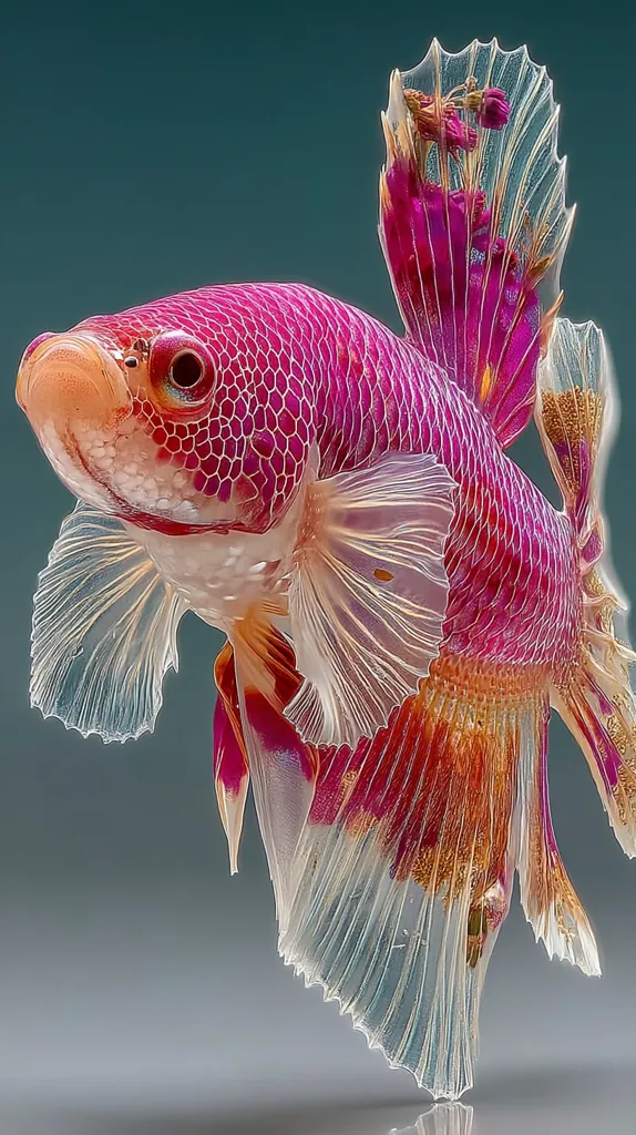 A vibrant betta fish, predominantly pink and orange, is captured in a close-up shot.  Its scales shimmer with an iridescent quality, and its fins are dramatically flared, showcasing intricate detail and translucent edges.  The background is a muted gray-blue, providing a stark contrast to the fish's vivid colors.  The image highlights the beauty and elegance of this popular aquarium species.
