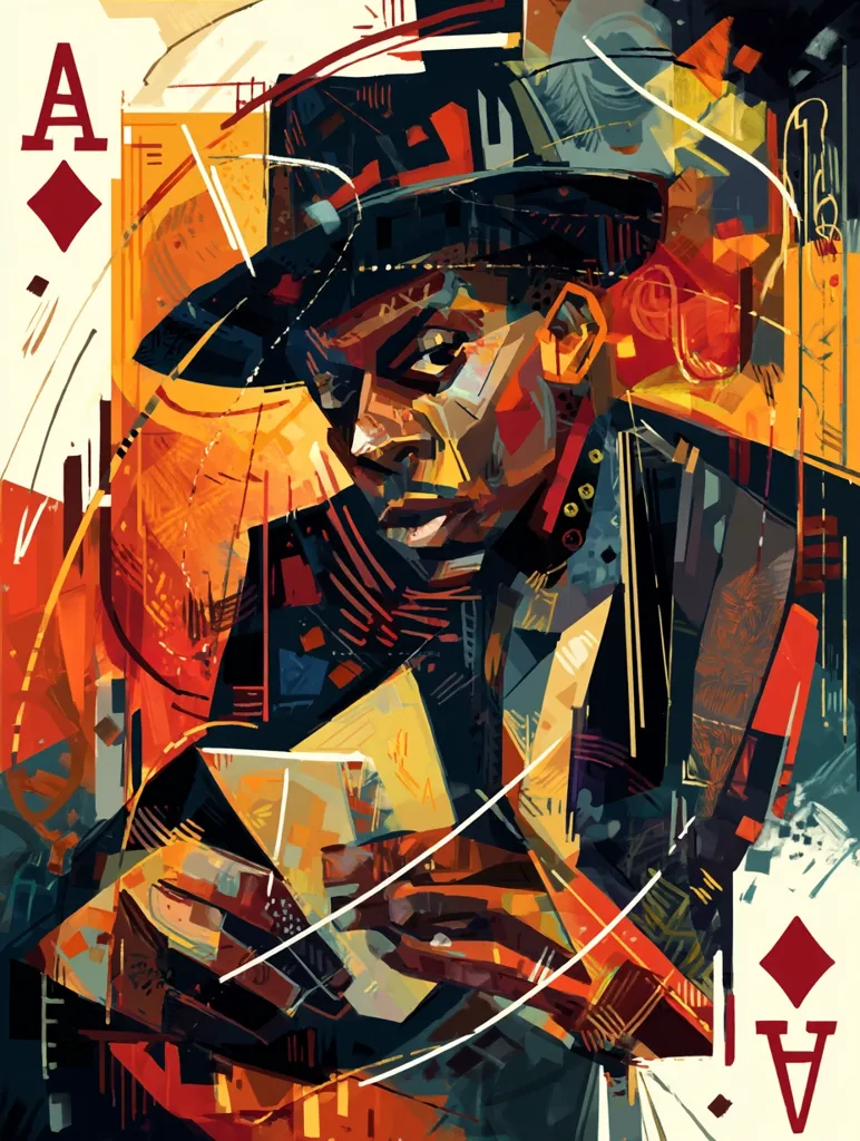 A vibrant, abstract portrait of a man in a hat, reminiscent of a playing card design.  The artwork is dominated by bold, angular shapes and a rich color palette of oranges, reds, and blacks. The style is cubist-inspired, with fragmented forms overlapping to create a dynamic and energetic composition. The Ace of Diamonds is prominently featured in the corners.