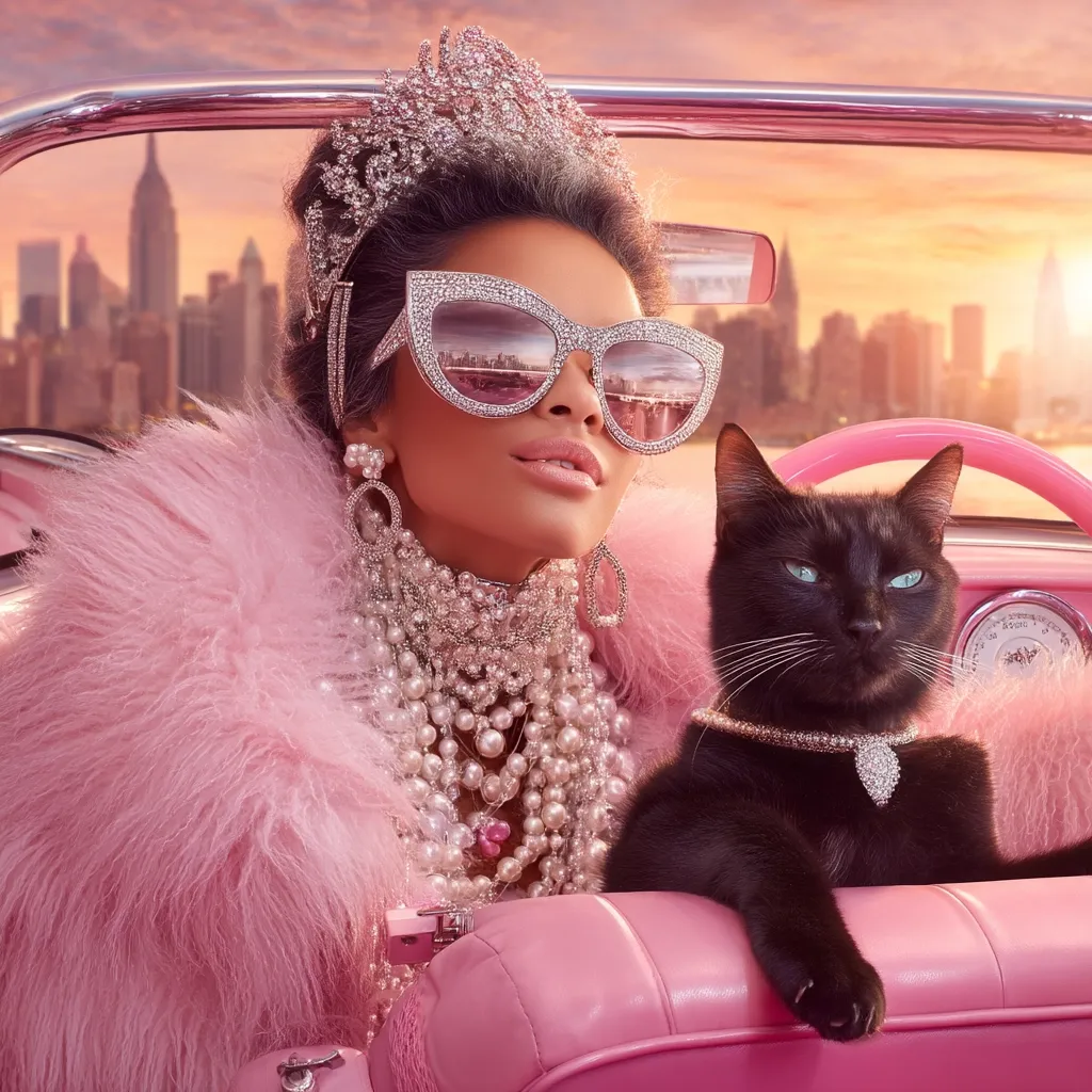 A glamorous woman, adorned in a pink fur coat, a jeweled crown, and pearl necklaces, sits in a pink convertible with a black cat.  She wears large, bedazzled sunglasses, and the New York City skyline is visible in the background. The image evokes a luxurious and stylish mood. The cat wears a diamond collar, matching the woman's opulent style.