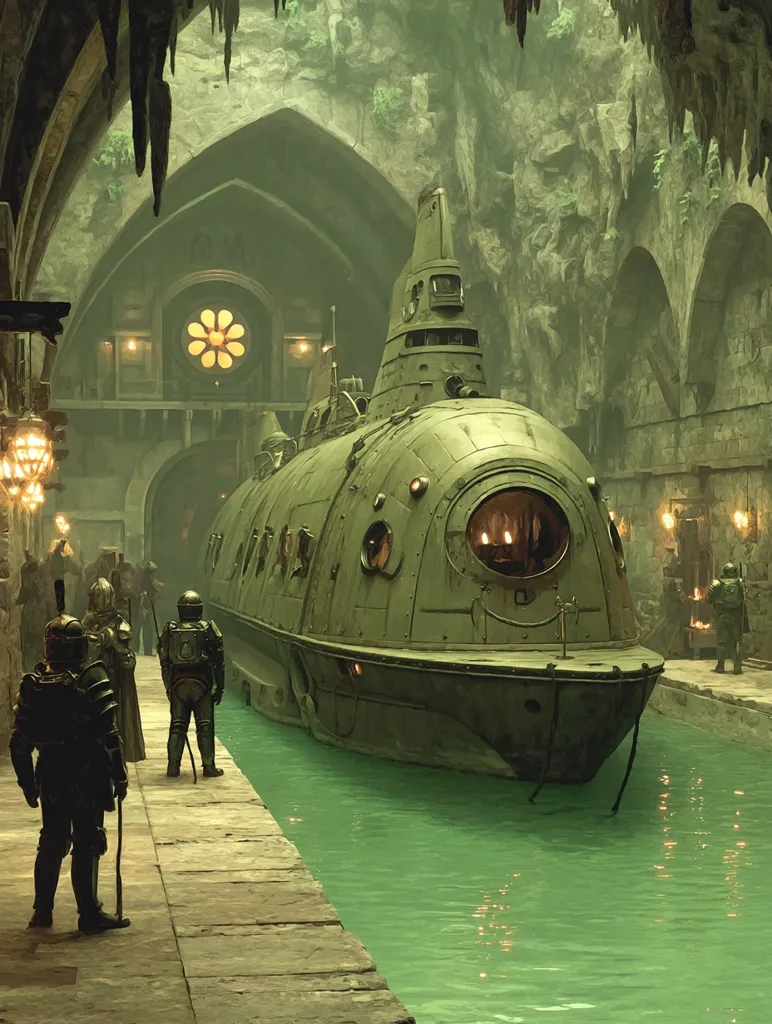 A large, antiquated submarine rests in a cavernous, water-filled dock.  The submarine is olive green, with portholes visible.  Figures in medieval-style armor and futuristic space suits stand on the dock, observing the vessel.  The cavern's walls are rough-hewn stone, with arched doorways and dim lighting.  The scene evokes a blend of fantasy and steampunk aesthetics.