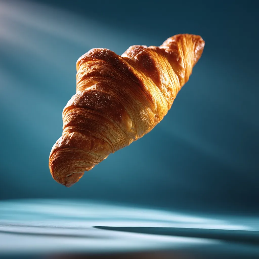 A golden-brown croissant floats against a teal backdrop, illuminated by a soft light.  Its flaky layers and crisp texture are highlighted, creating a visually appealing image that emphasizes the pastry's deliciousness.  The croissant appears light and airy, suspended in mid-air. The scene is simple yet elegant, focusing entirely on the beauty of the baked good.