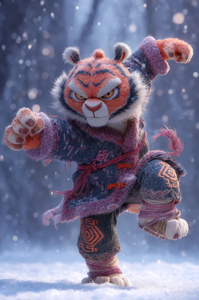 A 3D-rendered image showcases a furry tiger character, seemingly a martial artist, in a dynamic pose mid-strike.  The tiger is adorned in a patterned, purplish-gray robe with reddish accents, suggesting a wintry setting.  Snow gently falls around it, enhancing the image's cold, serene atmosphere. The tiger’s fierce expression and poised stance convey power and grace.