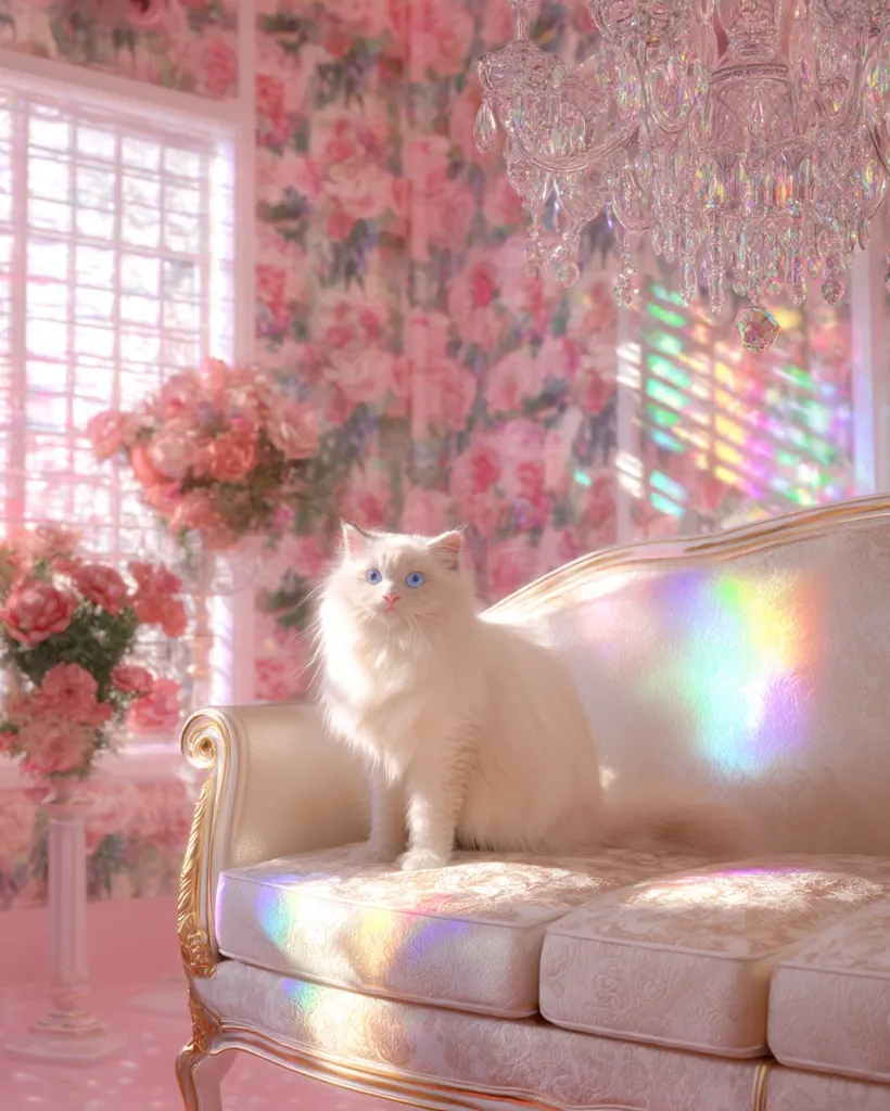 A fluffy white cat with striking blue eyes sits on a delicate, ornate, cream-colored sofa.  The room is luxuriously decorated in shades of pink, featuring floral wallpaper, a crystal chandelier, and pink roses. Sunlight streams through a window, casting rainbow prisms onto the sofa and walls, creating a magical, ethereal atmosphere.