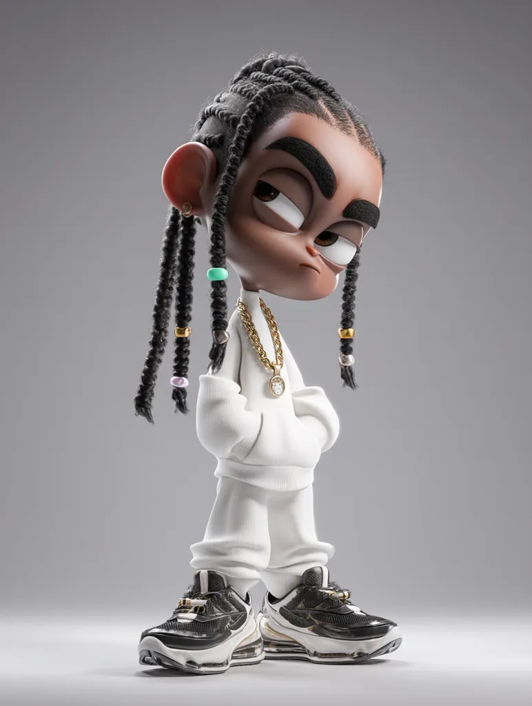 A 3D-rendered cartoon character, a young Black boy with long braided hair adorned with beads, is depicted. He sports a white hoodie and matching sweatpants, paired with stylish black and gold sneakers. A gold chain with a pendant graces his neck. His expression is serious and slightly sullen, conveying a cool and composed demeanor. The character's style blends streetwear elements with a cartoonish aesthetic.