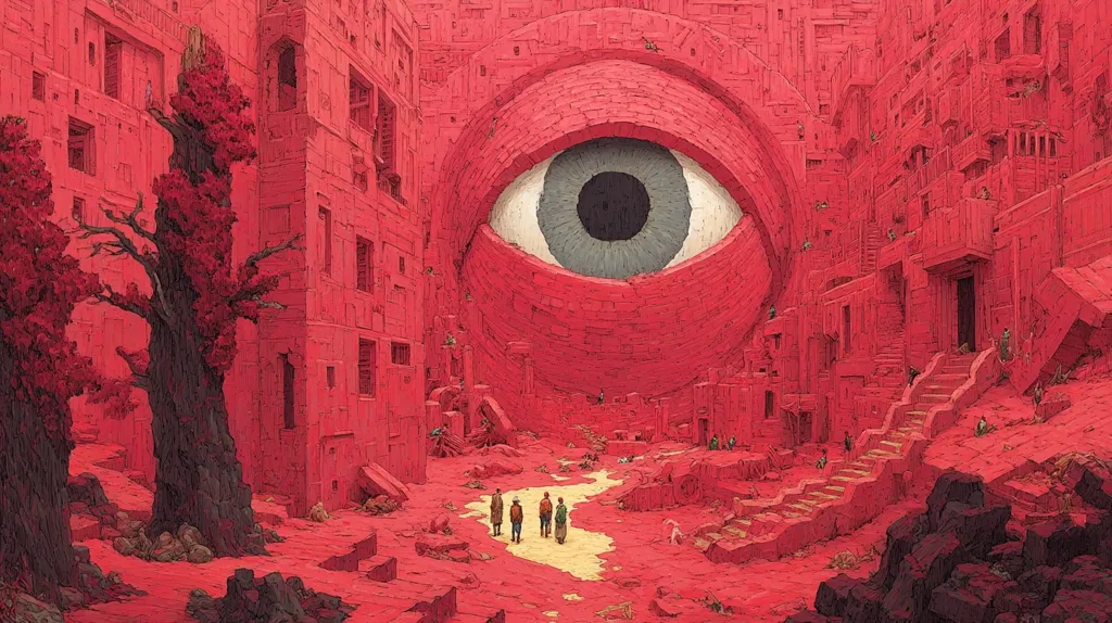 A surreal, monochromatic painting depicts a colossal eye dominating a crimson cityscape.  The city's architecture is angular and blocky, with buildings densely packed together.  Small figures are scattered throughout the scene, dwarfed by the immense eye and structures.  A dark tree stands prominently to the left, contrasting with the overwhelmingly red tones. The overall impression is one of scale and ominous observation.