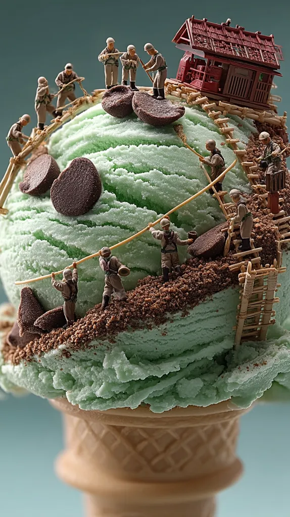 A miniature scene depicts soldiers constructing a structure on a giant scoop of mint chocolate chip ice cream.  Tiny figures work with tools and ladders, building alongside a small wooden house.  The ice cream cone serves as the base of this whimsical, detailed diorama. Chocolate chips and crumbs are scattered across the ice cream, adding texture to the scene.