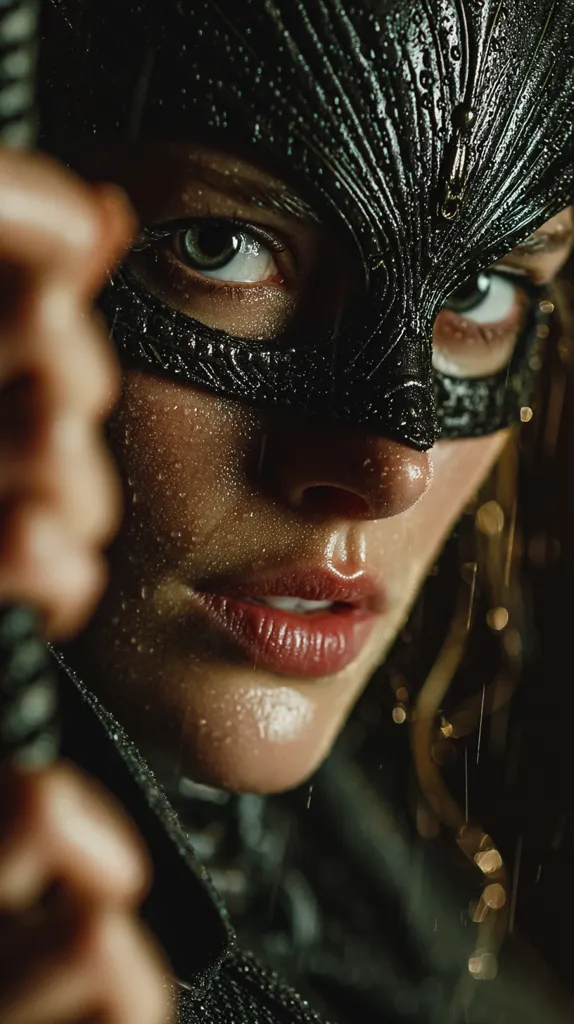 Close-up of a woman's face, partially obscured by a dark, ornate mask.  Rainwater droplets cling to her skin and the mask.  Her expression is intense, eyes visible above the mask's upper edge. She holds a dark object, possibly a weapon, adding to the mysterious and powerful atmosphere.  The image is dark and moody, highlighting the woman's determination.