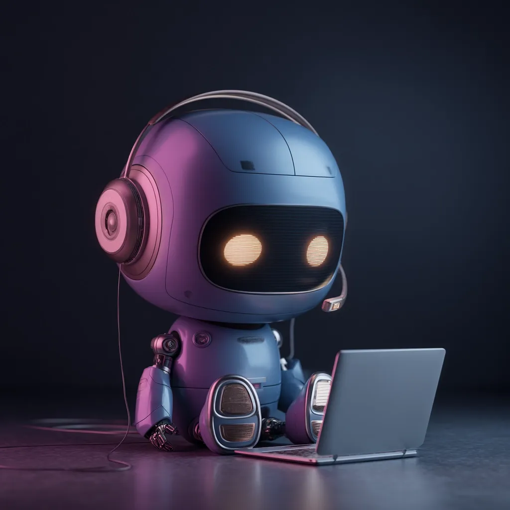 A cute, blue robot sits before a laptop, wearing a headset.  Its glowing eyes suggest attentiveness.  The scene is dimly lit, with purple and blue hues enhancing the futuristic ambiance. The robot appears to be engaged in work or communication, symbolizing AI assistance or customer service automation.  The overall image conveys a blend of technology and approachability.