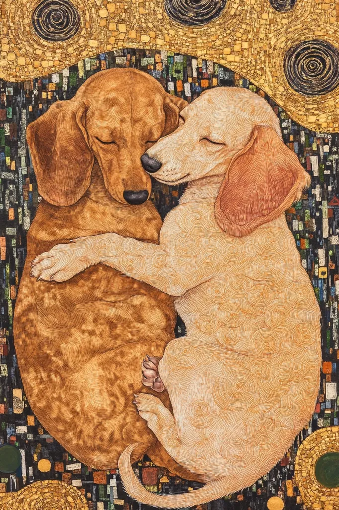 A heartwarming illustration depicts two dachshunds nestled together in an embrace.  The dogs, one reddish-brown and the other a pale cream, are shown sleeping peacefully. Their intertwined bodies suggest a strong bond. The background is a mosaic of swirling colors and shapes, reminiscent of a Klimt painting, adding a touch of artistic flair. The detailed rendering of the dogs' fur highlights their soft textures and peaceful expressions.
