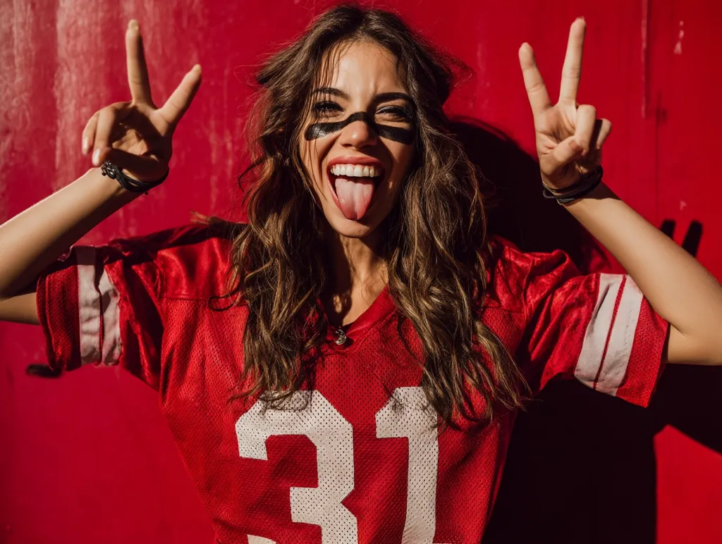 A young woman with long brown hair wears a red number 31 jersey. She playfully sticks out her tongue and makes peace signs with both hands.  Black eye paint adds a sporty touch. The vibrant red background contrasts with her outfit.  She appears energetic and fun-loving, possibly a fan celebrating her team.