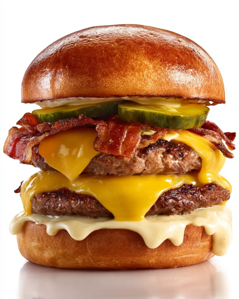 A double cheeseburger with bacon and pickles is presented on a white background.  The burger boasts two juicy patties, melted cheddar cheese cascading down the sides, crispy bacon strips, and tangy pickle slices. A creamy sauce drizzles over the bottom bun, completing the decadent look of this tempting burger.