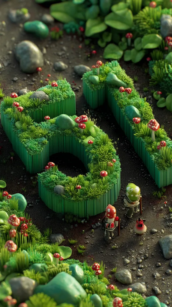 A whimsical 3D rendering depicts the numbers "51" formed from lush green grass, adorned with vibrant red toadstools.  Small, stylized figures resembling hikers traverse a path beside the numbers, which are nestled amongst rocks and greenery.  The overall scene is fantastical and miniature in scale.