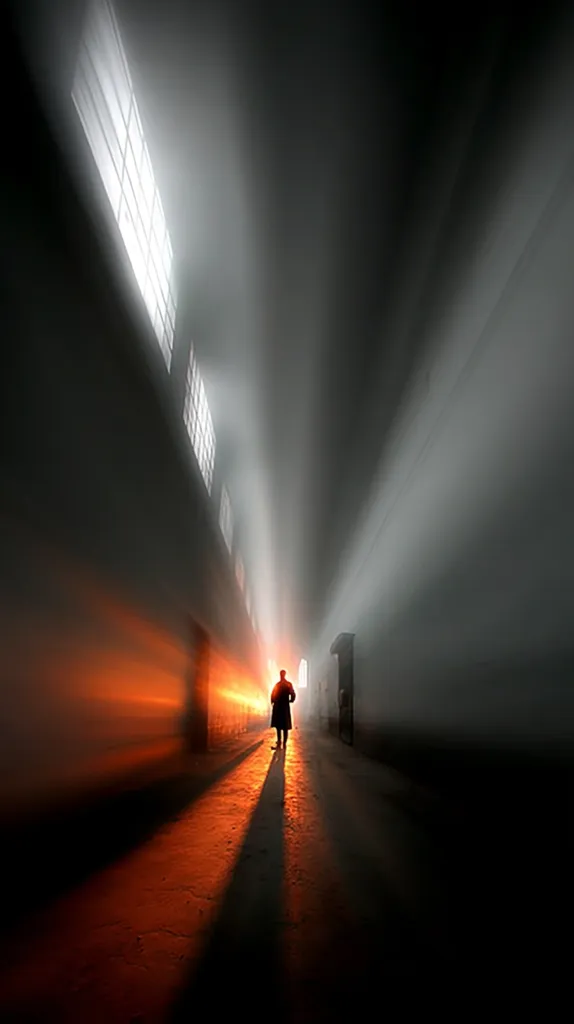 A lone figure walks down a long, dimly lit corridor.  Light streams in from unseen sources, creating dramatic beams that illuminate the path. The atmosphere is mysterious and somewhat ominous, enhanced by the figure's silhouette and the hazy, almost ethereal quality of the light and shadow.  The long shadows stretch far behind the solitary traveler, emphasizing the sense of isolation.
