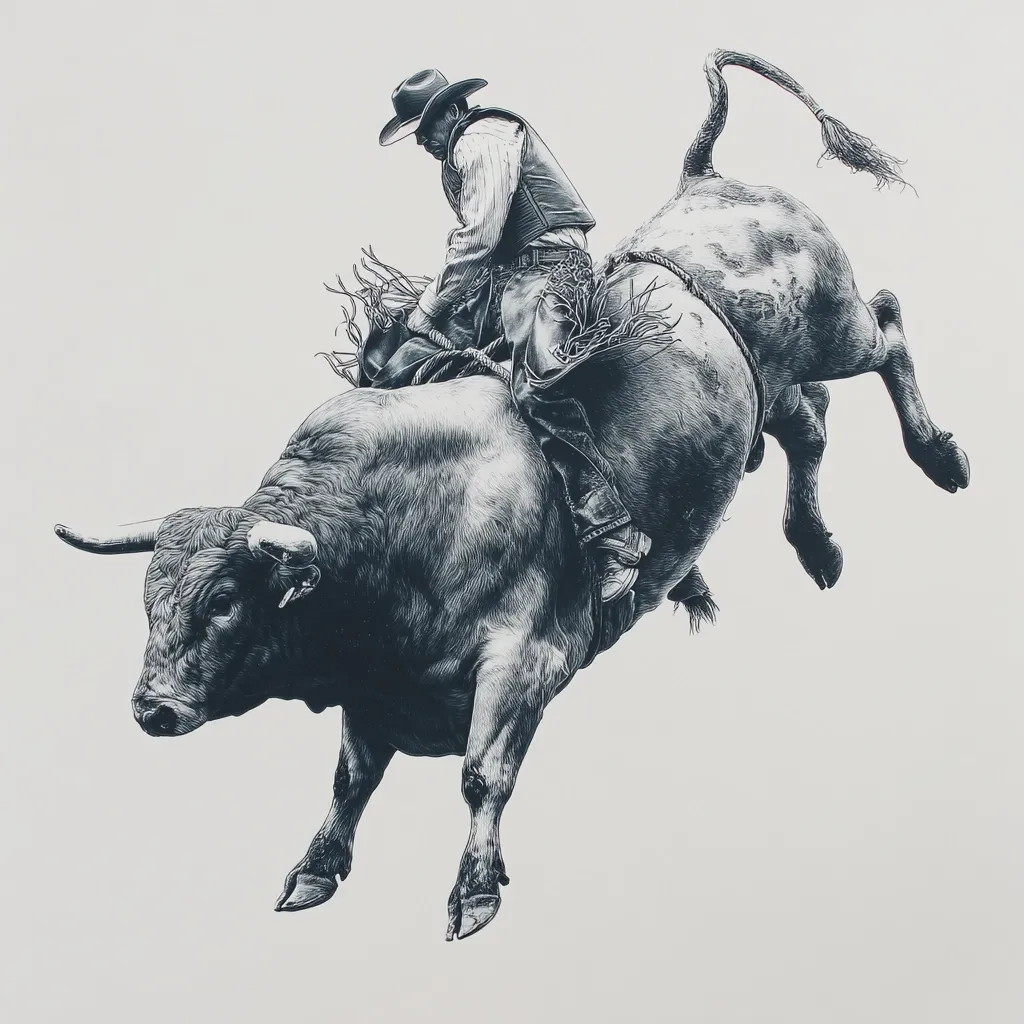 A monochrome illustration depicts a rodeo cowboy clinging to a bucking bull mid-leap.  The bull, powerfully built and detailed with textured fur, is airborne, its legs splayed. The cowboy, wearing a traditional hat and vest, maintains his grip, showcasing the intensity and danger of the sport. The style is realistic, highlighting the musculature of both man and animal. The image evokes a sense of motion and raw power.