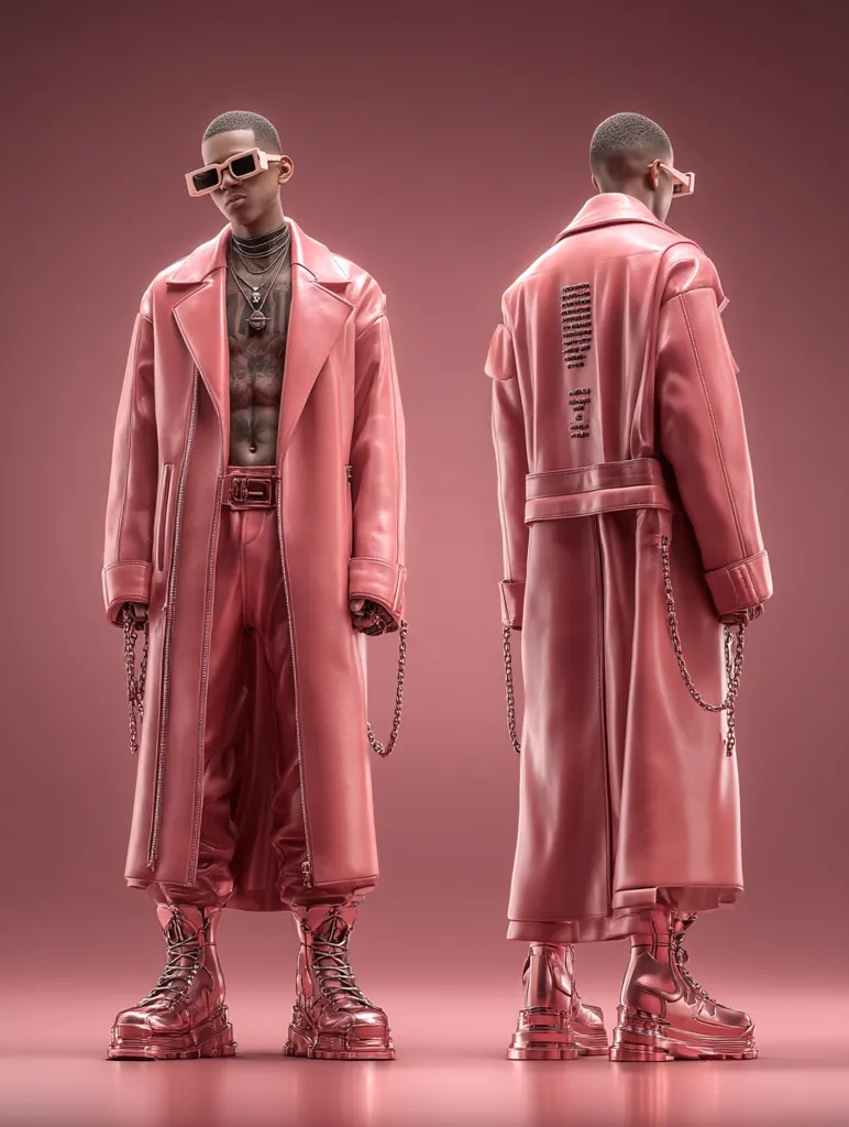 A 3D rendered image showcases two identical male figures, clad in matching rose-gold ensembles.  They wear long, oversized leather coats,  matching pants, chunky boots, and sunglasses.  One figure is shown from the front, the other from the back, highlighting the detailed design of the clothing and accessories. The monochromatic color scheme and smooth textures create a striking, futuristic aesthetic.