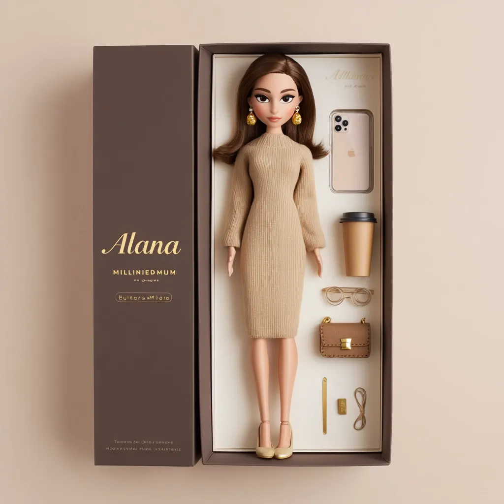 A stylish doll named Alana, from the Milliedmum collection, is presented in a luxury gift box.  Alana is dressed in a beige midi dress and accessorized with gold earrings, heels, a handbag, glasses, a phone, and a coffee cup.  The box features the brand's logo and a minimalist aesthetic, enhancing the premium feel of the collectible.