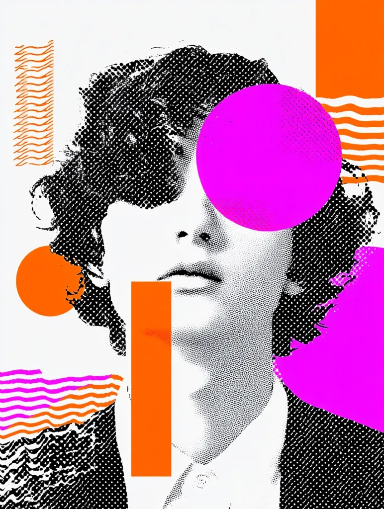 A stylized portrait of a person with dark, curly hair is presented in a bold, graphic style.  The image utilizes a halftone effect, contrasting black and white with vibrant pops of orange and fuchsia. Geometric shapes and wavy lines are layered over the portrait, creating a visually striking and modern aesthetic. The overall mood is energetic and contemporary.