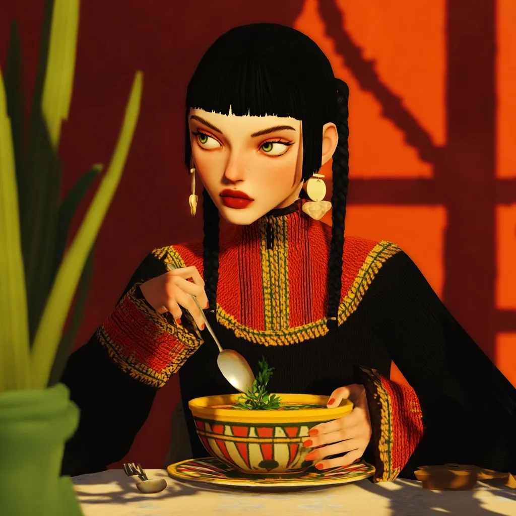 A stylized 3D female figure with dark hair and vibrant red and gold embroidered clothing sits at a table.  She's delicately spooning a bowl of soup, garnished with herbs. The setting suggests a warm, possibly Middle Eastern or North African, ambiance, highlighted by the rich orange background and patterned bowl. The image boasts a captivating blend of realistic rendering and artistic flair.