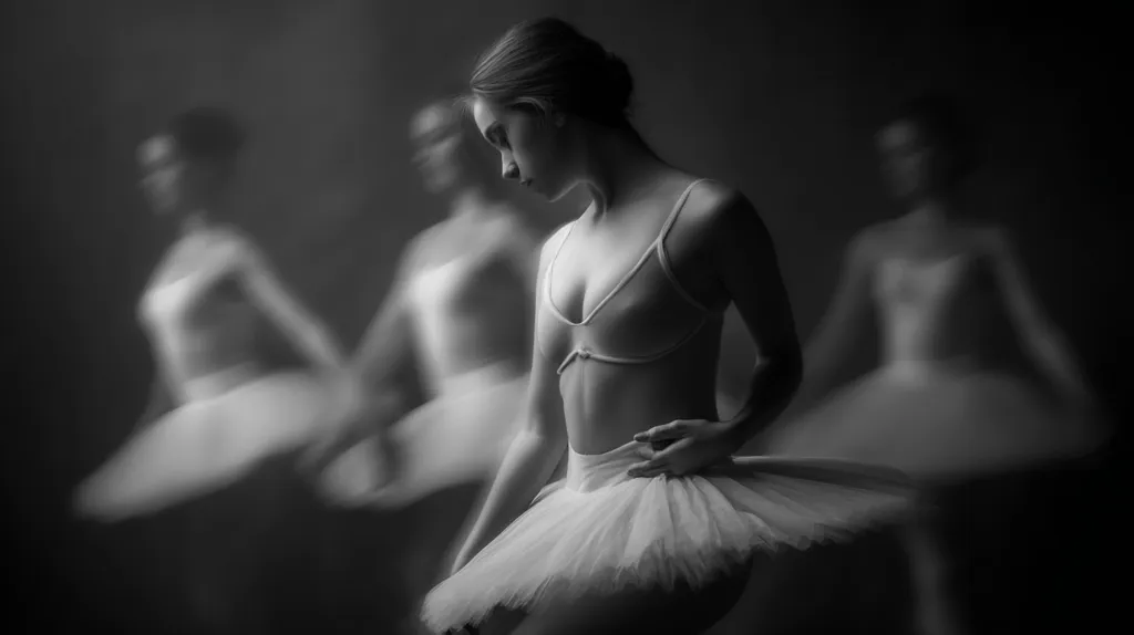 A ballerina in a white tutu and leotard is in sharp focus in the foreground, her head bowed slightly.  Behind her, three other ballerinas are blurred, creating a dreamy, ethereal effect. The monochrome palette emphasizes the elegance and grace of the dancers. The image evokes a sense of solitude and reflection within the world of ballet.