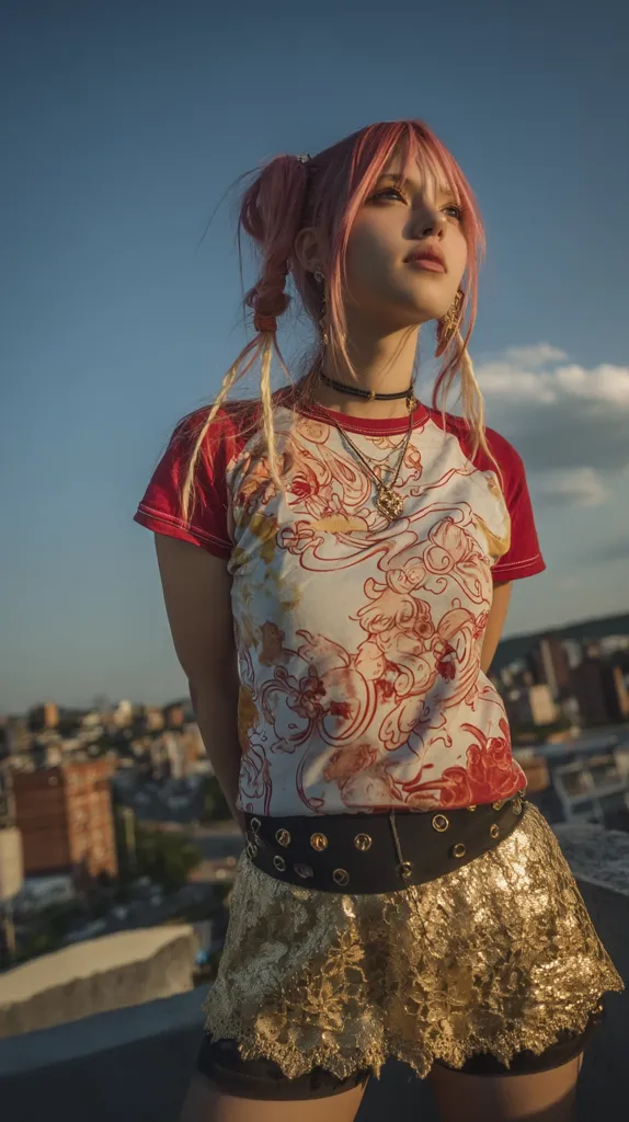 A young woman with vibrant pink hair styled in high pigtails stands on a rooftop overlooking a cityscape. She's dressed in a red and white raglan t-shirt with a unique Asian-inspired print and a gold sequined mini skirt.  A black studded belt cinches her waist.  She wears layered necklaces and looks pensively toward the sunset. The overall style is a blend of anime-inspired fashion and streetwear.
