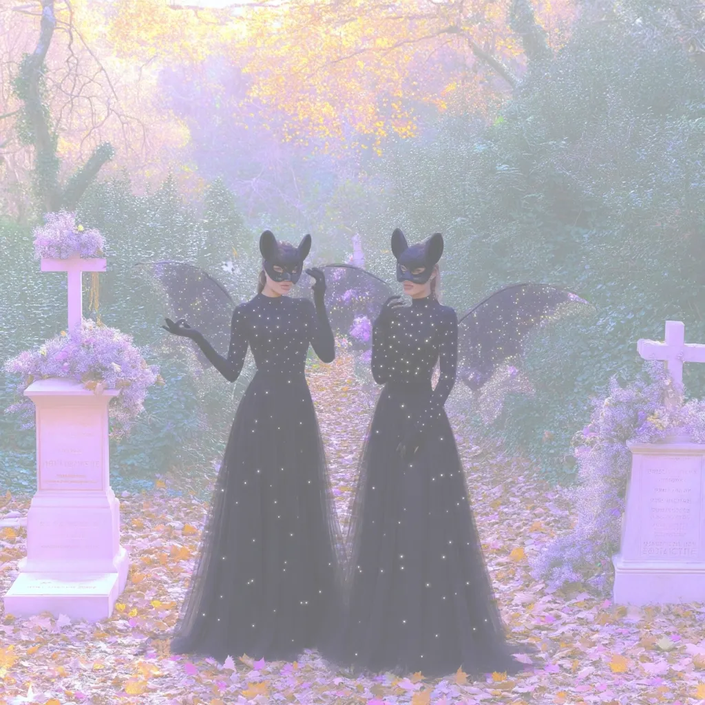 Two women in identical long, black, star-studded gowns stand amidst a graveyard.  They wear bat-like masks and wings, creating an ethereal and slightly gothic atmosphere. The setting is a misty autumnal path lined with tombstones adorned with purple flowers.  The overall image evokes a dreamy, otherworldly feel.