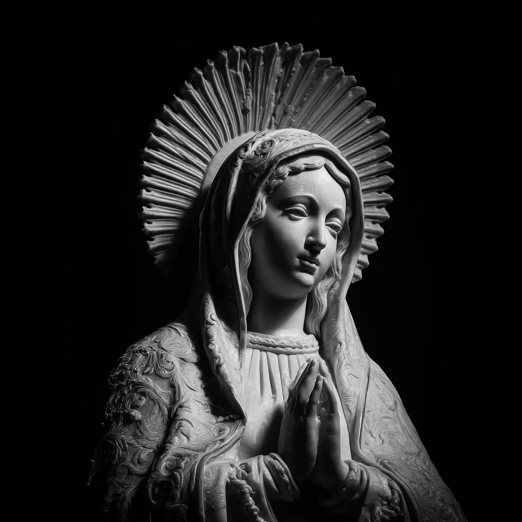 A black and white close-up shot of a statue of the Virgin Mary.  She is depicted in prayer, her hands clasped together.  A radiant halo crowns her head, and her clothing is ornately detailed. The dark background emphasizes the statue's serene and solemn expression. The image evokes a sense of peace and reverence.