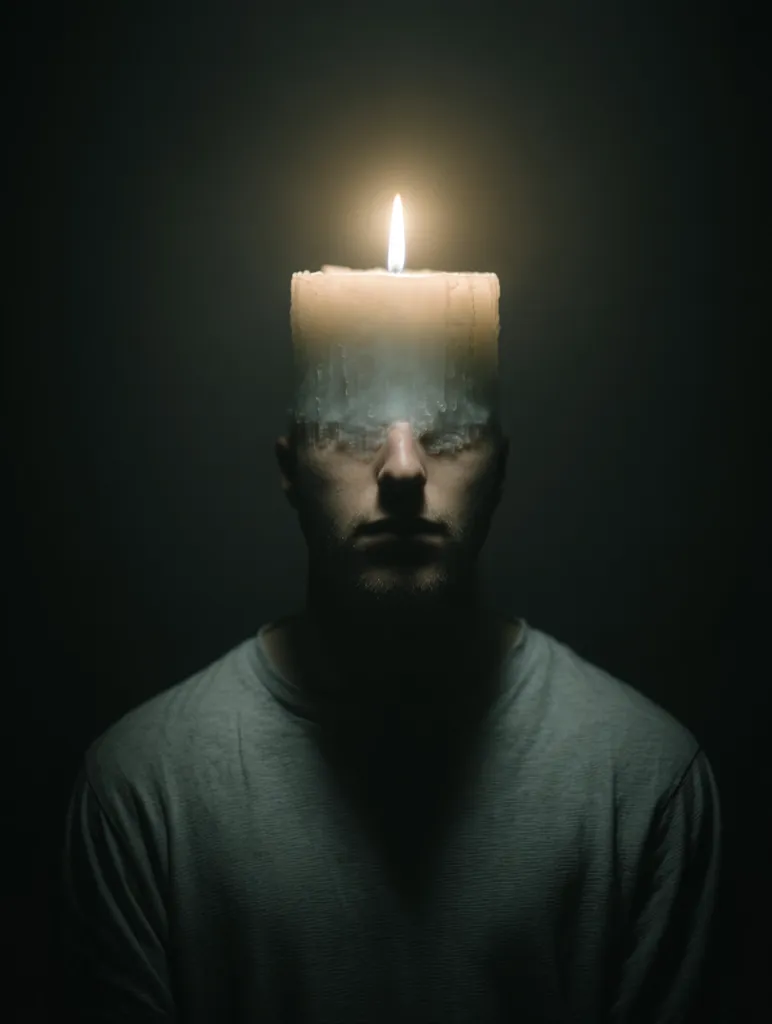 A man's face is obscured by a lit candle that sits atop his head, its wax dripping down to cover his eyes.  The image is dark, emphasizing the contrast between the bright flame and the shadowy figure. The overall effect is surreal and slightly unsettling, suggesting themes of inner light, hidden identity, or the burden of thought.  The man's expression is stoic and obscured.