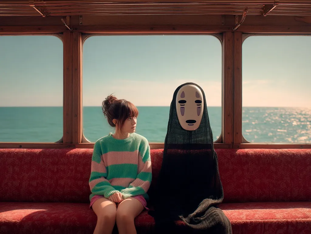 A young woman with brown hair, wearing a pastel green and pink striped sweater, sits on a red bench of a train.  Beside her sits a figure cloaked in black, wearing a No-Face mask from the film Spirited Away. The train's windows offer a view of a calm ocean under a bright sky. The scene evokes a serene yet slightly mysterious atmosphere.