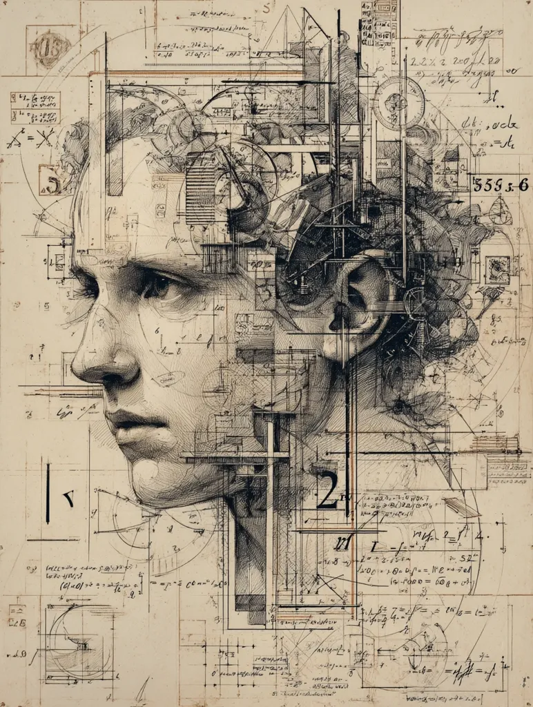 A monochromatic artwork depicts a profile of a man's face interwoven with intricate architectural blueprints, mathematical equations, and technical drawings.  The style is reminiscent of  surrealism and steampunk, blending organic forms with precise mechanical elements. The image suggests a complex interplay between human intellect and design.  The overall effect is one of depth and intellectual complexity.