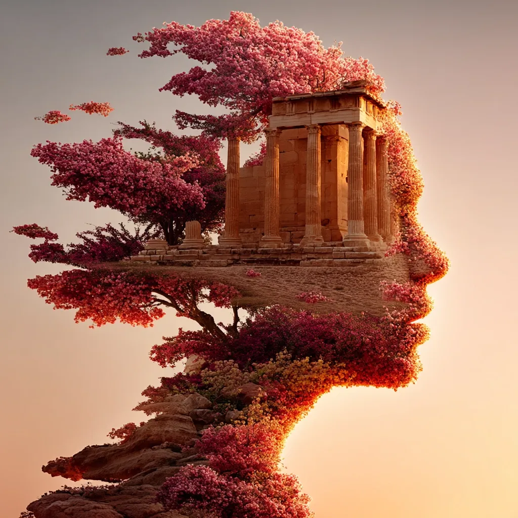 A surreal digital art piece depicts a profile of a human face formed by a blossoming tree and rocky landscape.  Nestled within the foliage is an ancient Greek temple, its columns and stonework contrasting with the vibrant pink and orange flowers. The warm sunset hues enhance the dreamlike quality of the image, creating a powerful blend of nature, history, and human form.