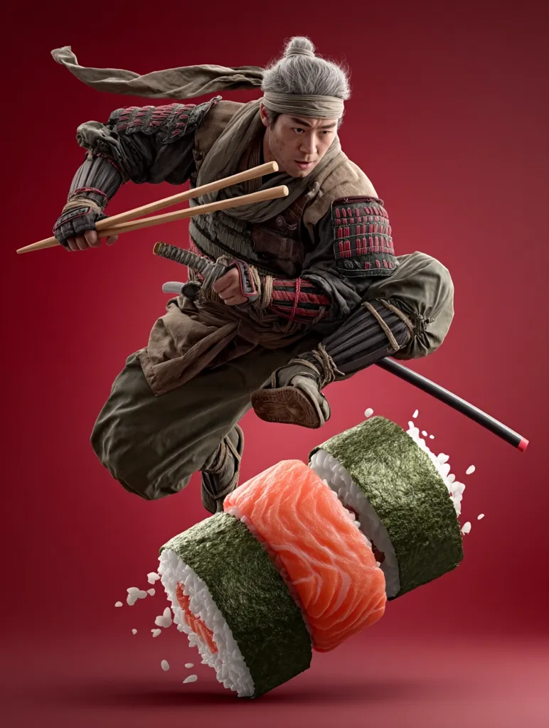 A dynamic image depicts a samurai mid-leap, wielding chopsticks and a katana.  He's dressed in traditional attire, his gaze intense.  Below him, three pieces of sushi—salmon nigiri and maki rolls—float, seemingly propelled by his movement. The backdrop is a rich, crimson red, enhancing the image's dramatic flair and contrasting textures. The overall composition is surreal and action-packed.