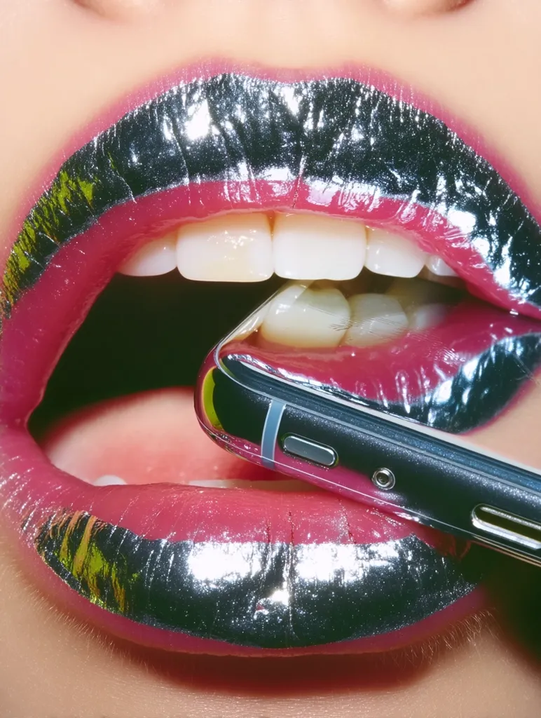 Close-up of a woman's mouth with vibrant pink lipstick accentuated by a metallic silver band across the center of her lips.  A smartphone is partially held between her teeth, its sleek, dark surface contrasting against the bold lip color. The image is striking and visually arresting, showcasing a blend of cosmetics and technology.