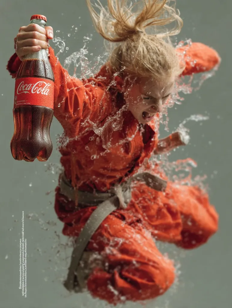 A young girl in an orange martial arts gi, her blonde hair flying, leaps through water, holding a bottle of Coca-Cola.  Water splashes dramatically around her, creating a dynamic and energetic image. The girl's intense facial expression adds to the sense of action and power. The contrast between the vibrant red gi and the dark soda bottle is striking.