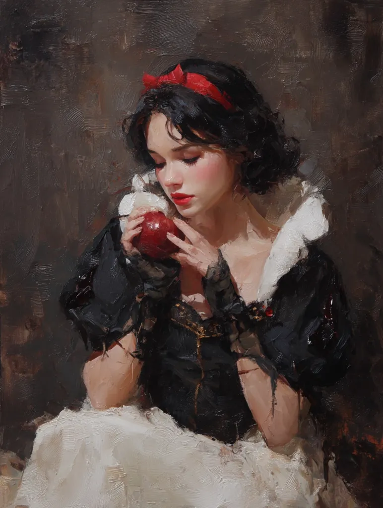 A young woman, reminiscent of Snow White, is depicted in an oil painting.  She wears a dark bodice, white skirt, and a red ribbon in her hair.  Her expression is pensive as she delicately holds a red apple. The loose brushstrokes create a textured and expressive portrait, emphasizing the subject's ethereal beauty and the dramatic lighting. The overall mood is melancholic yet captivating.