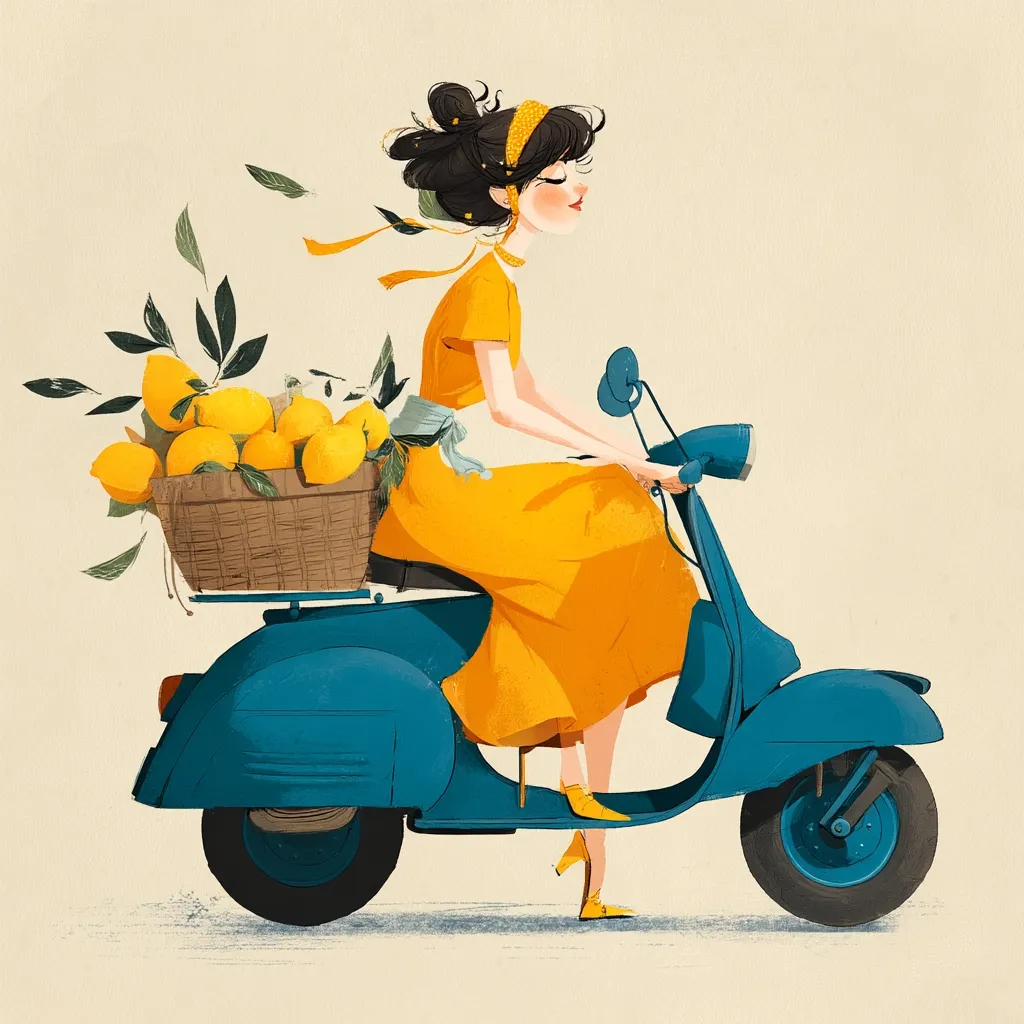 A stylish illustration depicts a young woman with dark hair in a yellow dress riding a teal scooter.  A wicker basket overflowing with bright yellow lemons and green leaves sits on the scooter's rear rack. The scene evokes a cheerful, sunny, possibly Italian, atmosphere.  The art style is whimsical and slightly cartoonish, with soft colors and a gentle feel.
