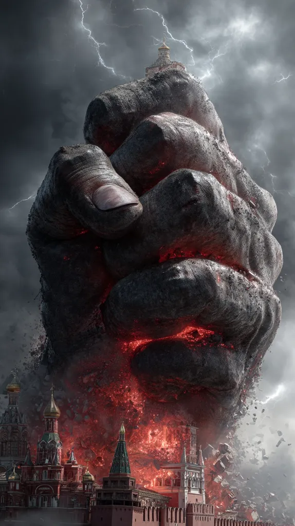 A colossal, fiery fist, glowing red-hot from within, descends upon Moscow's Kremlin.  Lightning crackles in the stormy sky as the giant hand crushes the iconic buildings, causing widespread destruction and fiery debris. The scene evokes a sense of apocalyptic dread and overwhelming power.