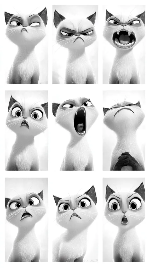 A nine-panel grayscale image showcases a Siamese cat displaying a variety of expressions.  The cat's emotions range from annoyed and grumpy to surprised and shocked, highlighting a wide spectrum of facial expressions through subtle changes in eye shape, mouth, and brow. The consistent background emphasizes the focus on the cat's nuanced expressions.