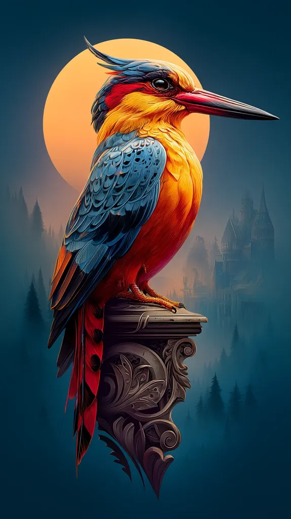 A vibrant kingfisher, rendered in striking detail, perches atop an ornate, dark grey stone column. Its plumage is a dazzling mix of blues, oranges, and reds, contrasting sharply with the deep teal background. A large, pale orange sun or moon hangs in the background, casting a soft glow.  In the distance, a hazy silhouette of a castle or manor is visible amidst a dark, atmospheric forest.  The image is a blend of realism and fantasy.