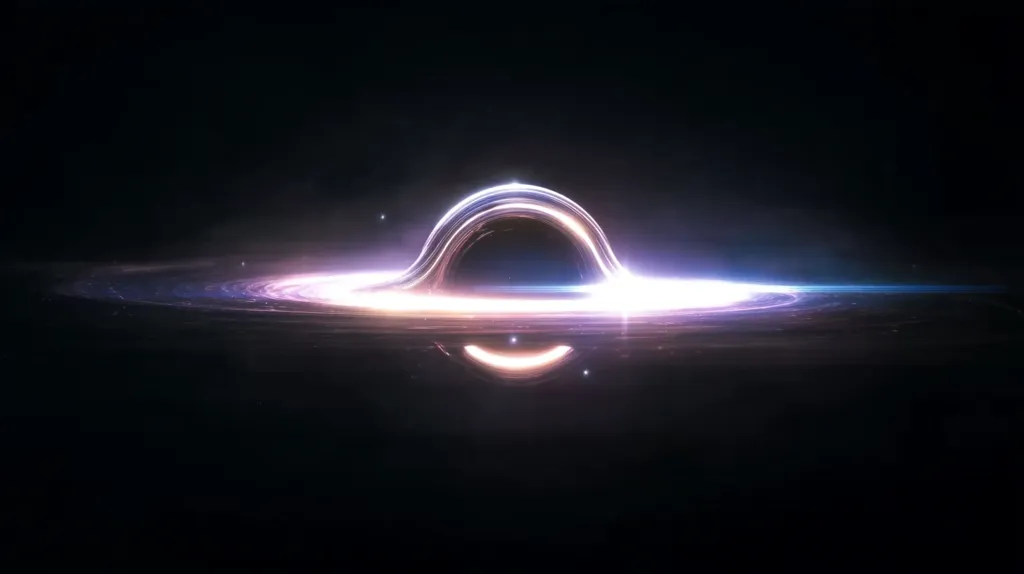A digital depiction of a black hole dominates the image, its accretion disk glowing intensely with purple and white light.  The swirling energy around the central singularity is vividly portrayed against the stark blackness of space.  Faint starlight is visible in the far background, highlighting the immense scale and power of the cosmic phenomenon.