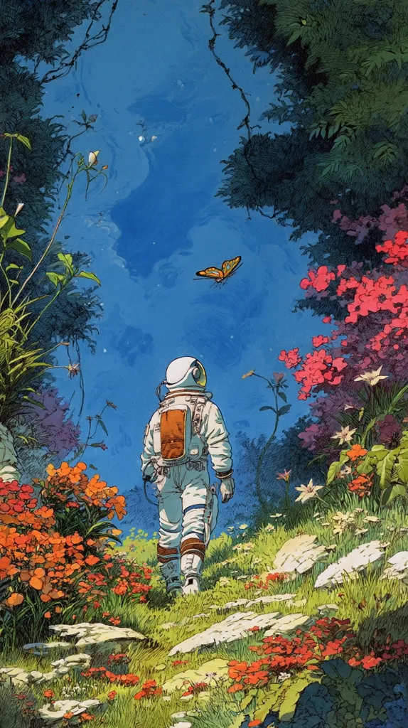 An astronaut in a white spacesuit walks along a path through an alien landscape. Vibrant flowers in shades of orange and red bloom along the path, contrasting against the lush green vegetation. A single butterfly floats in the clear blue sky above.  The scene is peaceful and serene, suggesting exploration and discovery on a new world.