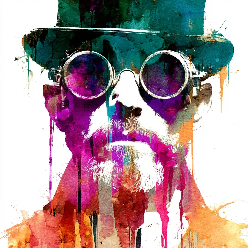 An abstract watercolor portrait of a man wearing a top hat and goggles.  Vibrant splashes of pink, purple, teal, and orange paint create a dynamic and stylized image. The man's face is partially obscured by the bold colors, yet his serious expression and facial hair are still discernible. The overall effect is a blend of steampunk aesthetics and expressive artistry.