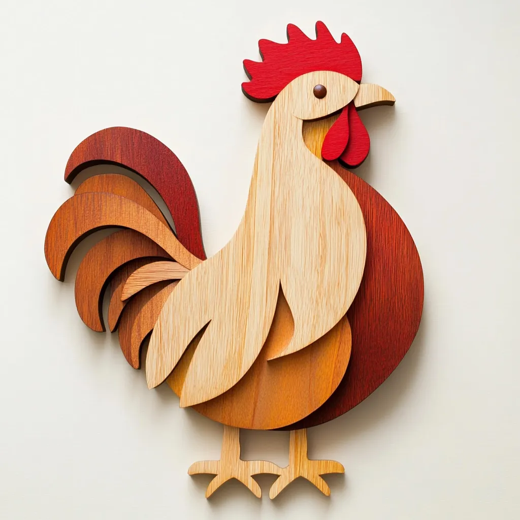 A stylized wooden rooster stands against a cream background. Its body is crafted from layered wood stained in various shades of brown and red, creating a rich, textured effect. The rooster's comb is a vibrant red, contrasting beautifully with its wooden body. The design is simple yet elegant, showcasing the natural beauty of the wood grain.  The piece appears to be a decorative wall hanging or ornament.