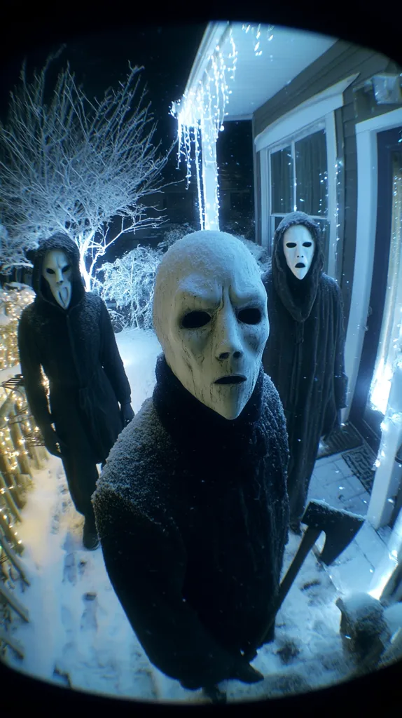 Three figures in dark robes and white masks stand in the snow outside a house adorned with Christmas lights.  The central figure's mask is uniquely shaped, unlike the identical masks of the flanking figures.  A snow-covered axe rests near their feet. The scene is captured with a fisheye lens, distorting the perspective.  The overall mood is eerie and mysterious.