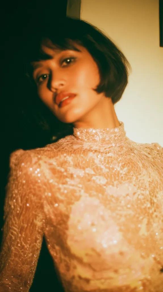 A woman with short, dark hair and subtle makeup looks over her shoulder. She's wearing a shimmering, gold, high-necked, long-sleeved top with a textured, almost lace-like pattern. The lighting is warm and emphasizes the texture of her clothing and the softness of her skin.  The background is blurred and out of focus.